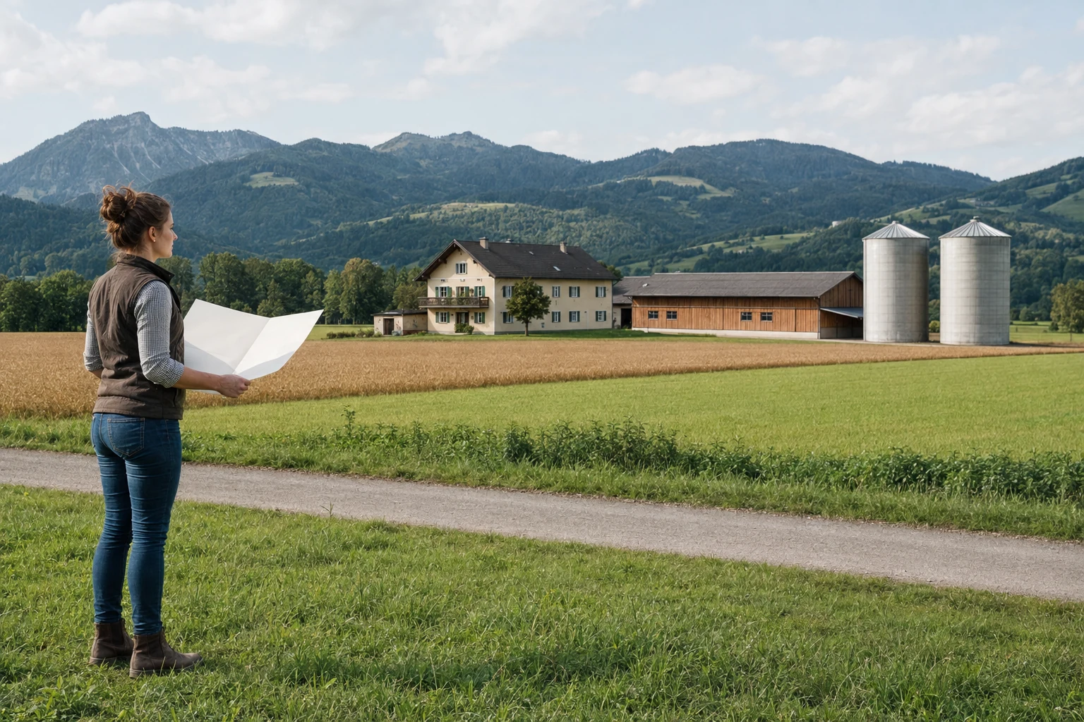 Landwirtschaftliche Übernahmeinteressenten vor Hof, Halle und Getreidelager